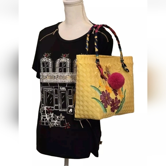 Gingham Basket Weave Handcrafted, Handpainted  Silk-Wrapped Handle Tote Bag NWOT - Picture 12 of 14